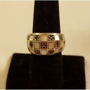 Vintage Sterling dome ring band w Marcasite and mother of pearl size 7.75